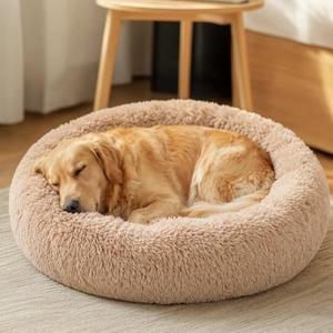JOLLYVOGUE Calming Dog Beds Extra Large Sized Dog, 45in Donut Washable Large Pet Bed, Anti-Slip & Anti-Anxiety Fluffy Faux Fur Round Dogs Bed, Fits up to 125 lbs Pets (Pinkish Camel)