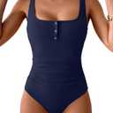 B2prity One Piece Swimsuit for Women Tummy Control Ruched Slimming Bathing Suit Button Full Coverage Swimwear, Size M