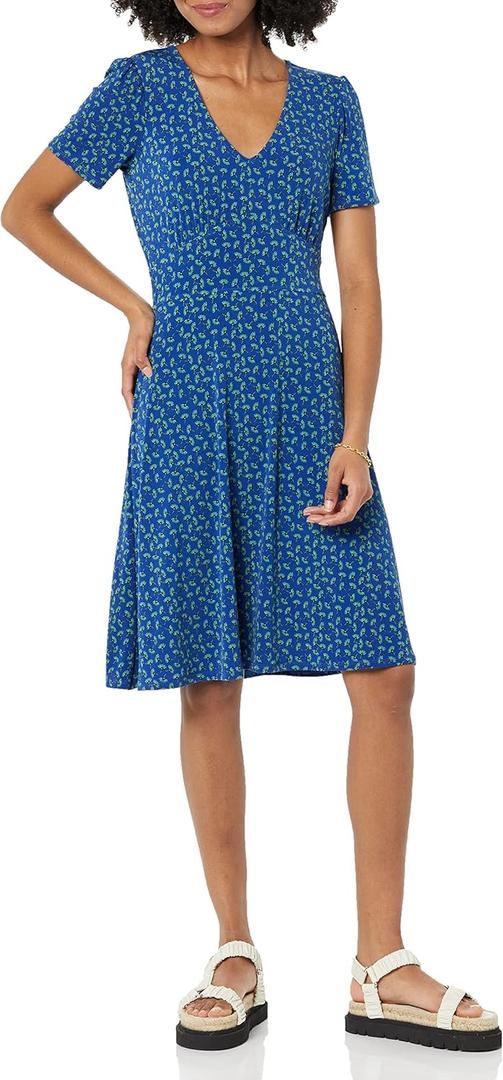 Amazon Essentials Women's Short Sleeve V-Neck Gathered Fit and Flare Dress (XX-Large, Bright Blue Floral)