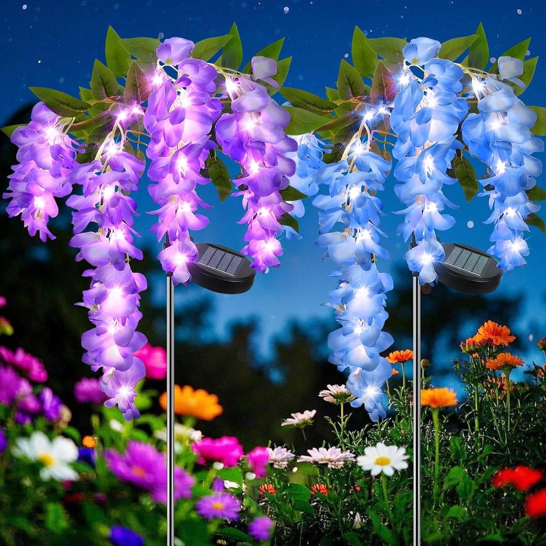 2 Pack Solar Wisteria Flower Lights, Waterproof Solar Lights Outdoor for Garden, Patio, Yard Decoration, Blue and Purple