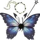 Snycler Fairy Wings for Adults and Girls, Fairy Costume Set with Floral Garland, Hair Tinsel, Wand & Elf Ears Butterfly Wings (Black)