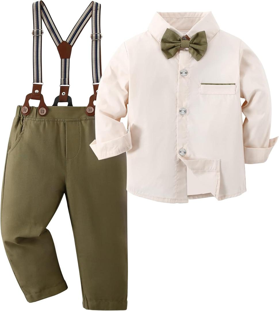 ZOEREA Toddler Baby Boy Suit Clothes Gentleman Wedding Outfits Long Sleeve Dress Shirt + Suspender Pants + Bowtie 1-5T (18-24 Months, Beige)