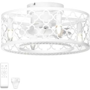 White Caged Ceiling Fans with Lights and Remote Outdoor Enclosed Bladeless 18 Inch Low Profile Flush Mount Fixture Small Fandelier LED Ceiling Fan Light for Kitchen Farmhouse Bedroom