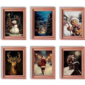 6PCS Christmas Fridge Magnet Cute Elk with Santa Claus Wood Magnets Art Frame Designs Decorations for Refrigerator Garage Door or Car Removable Indoor Outdoor Magnetic Decals