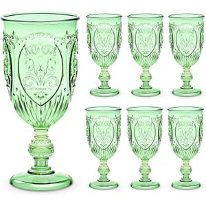 6 Pcs Plastic Goblets 7.5oz Vintage Goblet Plastic Wine Glasses Colored Retro Embossed Water Goblets for Wine Bar Juice Baby Shower Wedding Reception Grand Event Party (Green)
