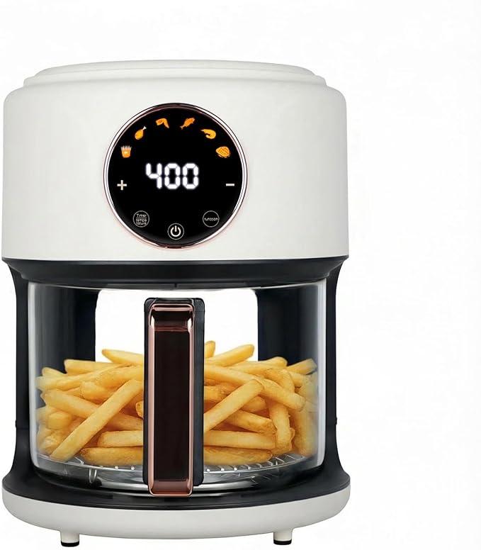 4.7QT Glass Air Fryer, 360° Viewable Glass Air Fryer Non Toxic, 6-IN-1 Preset Cook Modes, Digital Display, Adjustable Temp 100F - 400F, Nonstick, Dishwasher Safe, White