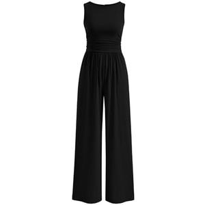PRETTYGARDEN One Piece Jumpsuits for Women Dressy Casual Sleeveless Crewneck Wide Leg Rompers Jumpers Vacation Summer Outfits, Large, Black