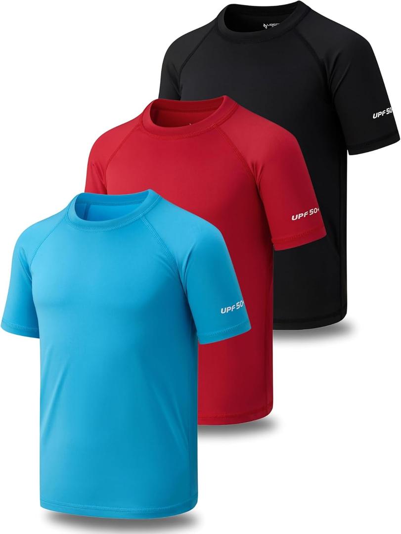 Liberty Pro 3 Pack Boys' UPF 50+ Rash Guard Short Sleeve Swim Shirts, Quick Dry UV Protection Swimwear for Kids (Medium, Red/Black/Bright Blue)