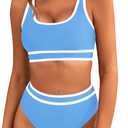 BMJL Women's High Waisted Bikini Sets Sporty Two Piece Swimsuits Color Block Cheeky High Cut Bathing Suits (Large, Light Blue011)