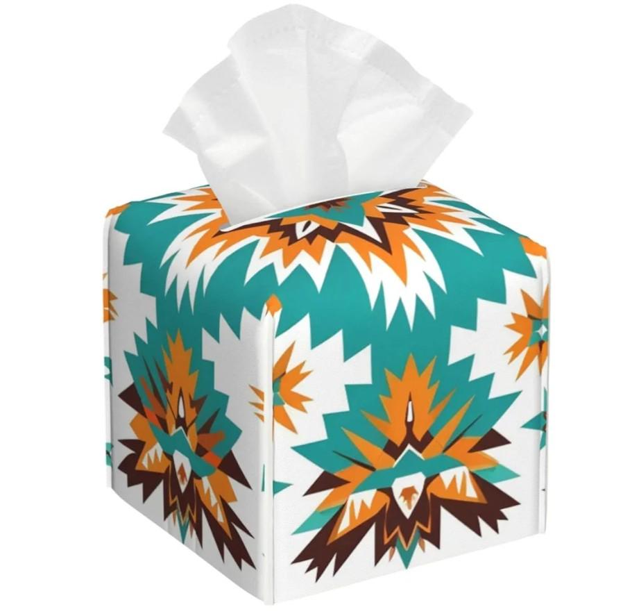 2 x Orange and Green Bohemian Elements Leather Tissue Box, Household Water Proof Square Tissue Box, Suitable for Dining Tables, Desks/Living Rooms/Offices/Bedrooms/Cars