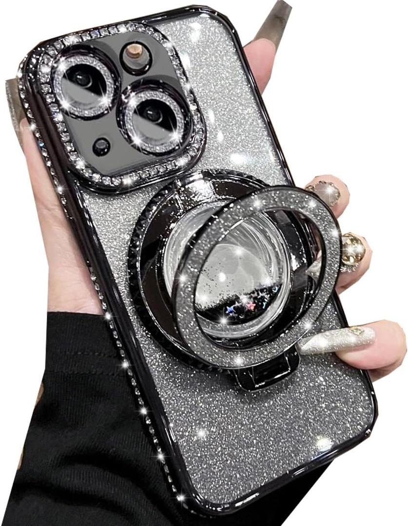 Glitter Kickstand Case for iPhone 15 Plus, Luxury Bling Sparkly Diamond Rhinestone with Camera Protector Liquid Flowing Ring Stand TPU Bumper Women Girls Case for iPhone 15 Plus 6.7" (Black)