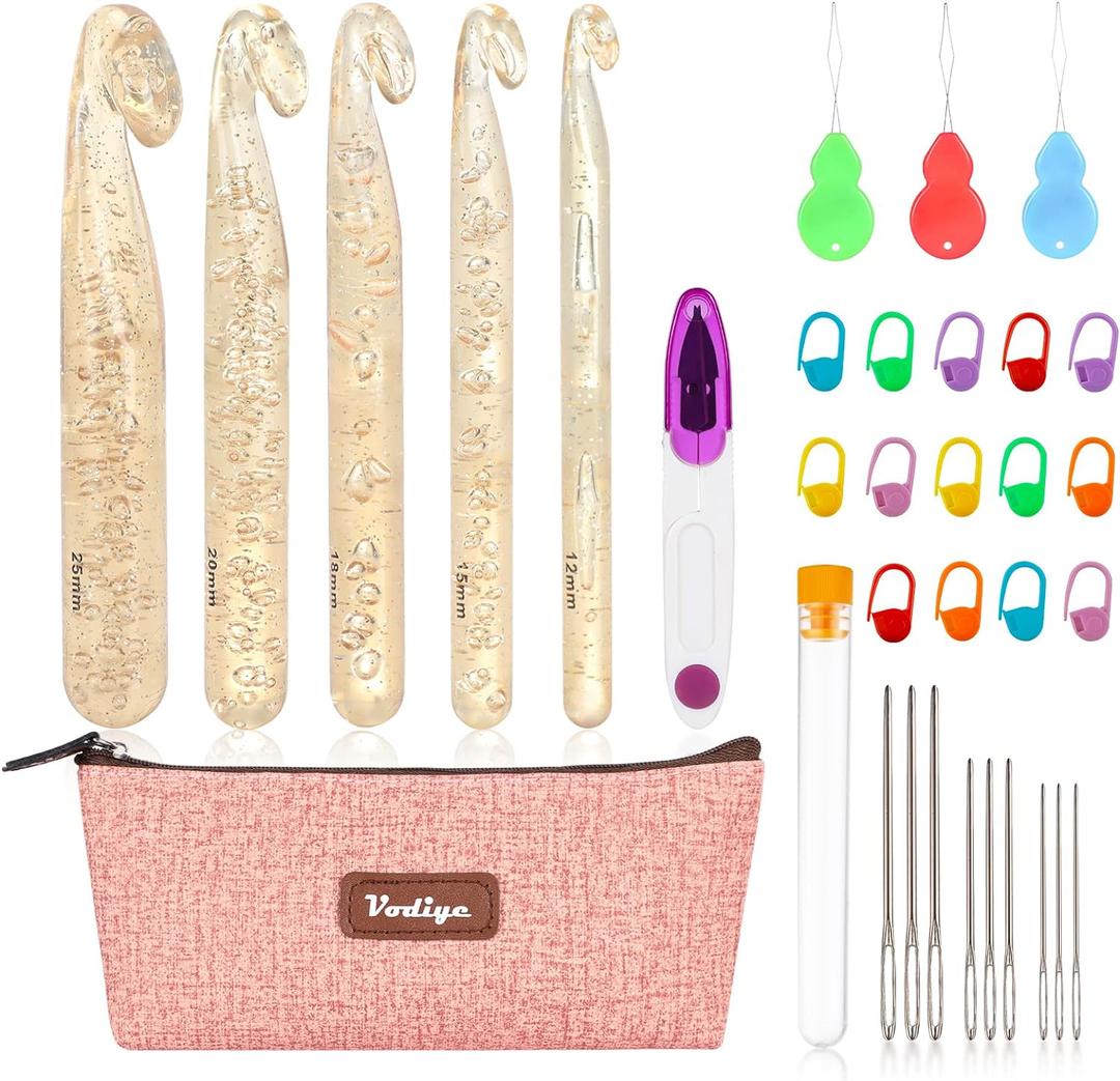 Vodiye 5 Sizes Large Crochet Hooks 12mm-25mm, Ergonomic Crochet Hook Set, Transparent Hooks for Chunky Yarn and DIY Crafts