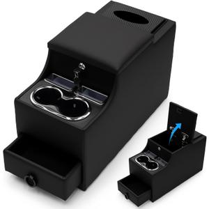 Center Console Between Seat Organizer for Minivans, SUVs, with Phone Holder & Cup Holders for Minivan &SUVs, Middle Van Floor Console Organizer Storage Box- Black