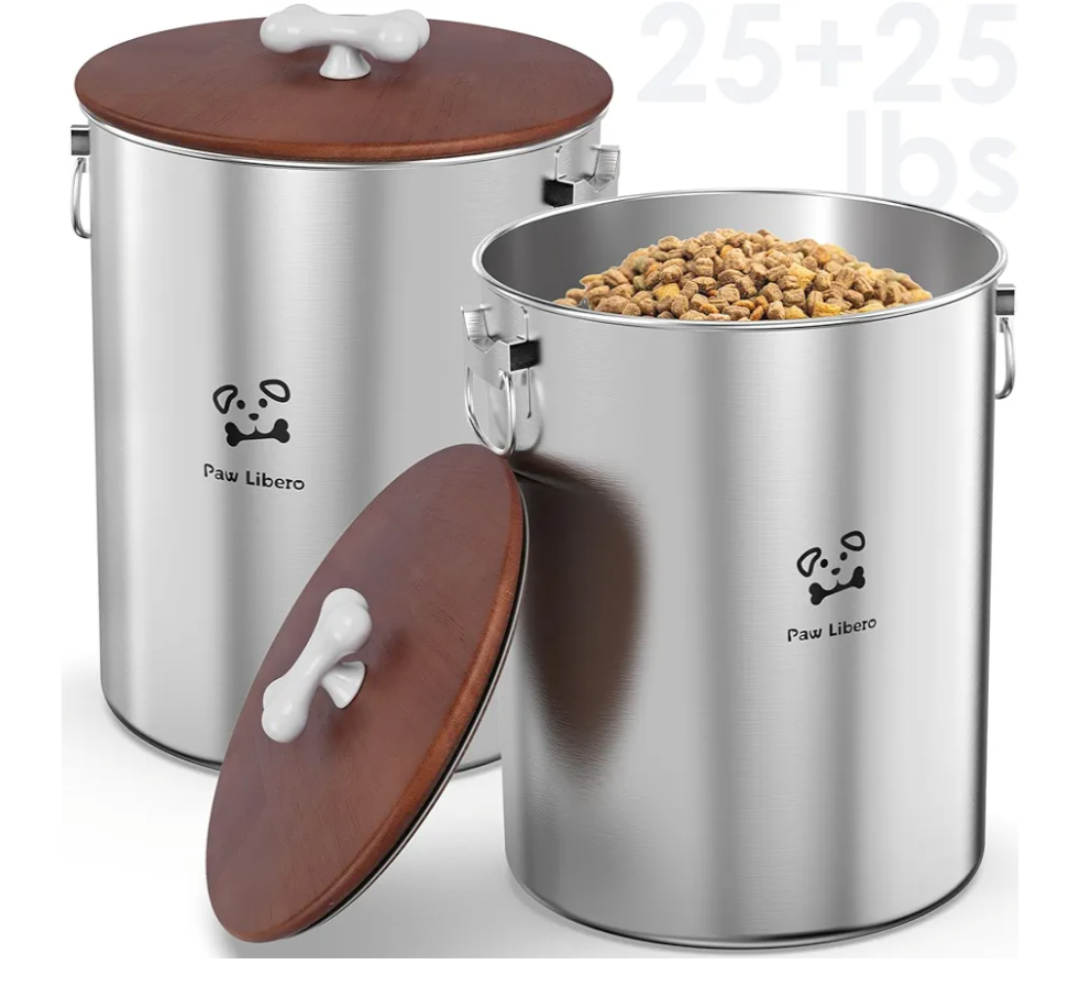 2PK 25 Lbs total 50 Lbs Stainless Steel Dog Food Storage Container with Airtight Wooden Lid & Ceramic Bone Handle, Large Metal Dog Food Bin for Dogs & Cats, Keep Fresh, Easy to Clean