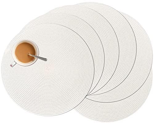 Zupro Round Placemats Set of 6,Braided 15 inch Table Mats Heat Resistant Non-Slip Washable,for Kitchen Dining Tables Four Seasons Dinner Parties Thanksgiving Christmas and Everyday Use.White