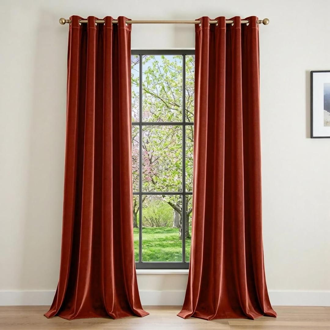 Lazzzy Orange Velvet Extra Long Curtains Blackout Thermal Insulated 108 Inch Length Window Drapes for Bedroom Living Room Super Soft Luxury Grommet Window Treatment 2 Panels, Rust Red