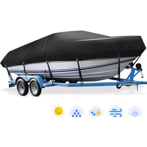 Mancro Trailerable Boat Cover 20-22ft Waterproof Heavy Duty Boat Cover, UV Resistant Marine Grade Canvas Outboard Cover Fits Bass Boat, Bayliner Tri-Hull V-Hull Fishing Runabout Boat, Black (Length:20'-22' Beam width: up to 102")