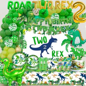 Dinosaur 2nd Party Decorations,2nd Birthday Decorations For Boys,Two Rex 2nd Birthday Party Dinosaur Decorations include Dino Balloon Arch Backdrop Cake Topper Plates Napkins and Cups