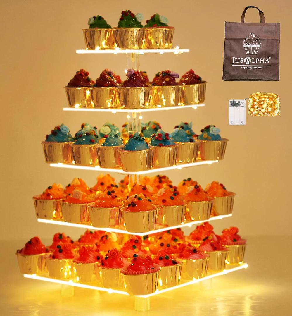 Jusalpha 5 Tier Square Cupcake Stand - Premium Cupcake Holder - Acrylic Cupcake Tower - Ideal for Weddings Birthday Parties, Candy Bar Decor 5SF-S (LED Light Option: Battery)