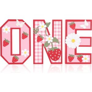 Wood one 1st Strawberry Birthday Sign,Froral Daisy Birthday Decorations Photo Props,Berry Themed Standing Daisy Decor