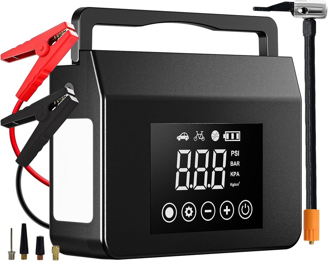 Hieha 4000A Portable Jump Starter with Air Compressor, 12V Car Battery Charger (All Gas 8L Diesel) with 150PSI Tire Inflator 15000mAh PowerBank & Quick Charge, Flashlight, emergency kit for Car, truck