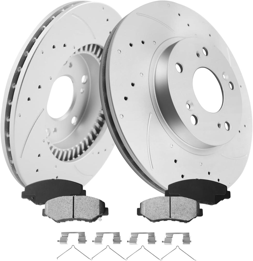 MOTOREVO Front Geomet Brake Kit for Civic [ 2013-2021 ] [ONLY for 281.6mm 11.1in Rotors] [13-21 LX/EX(13-14 LX NOT For 262mm 10.3in), 17-21 Sport, 16-21 Touring] Drilled & Slotted Discs & Ceramic Pad