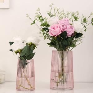 Ribbed Flower Vases Set of 2, Pink Vases for Flowers, Flower Vase for Bouquet, Modern Ribbed Glass Vase for Living Room, Bedroom, Dining Table, Office, Wedding, Centerpieces