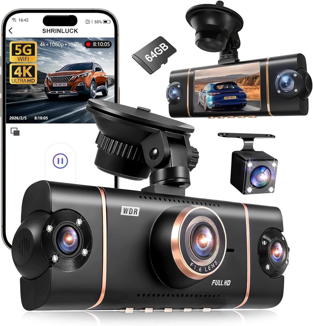 4K+1080P*3 FHD Car Camera, 4 Channel 360 Dash Cam Front Rear Inside & Left Right, 5GHz WiFi & App Control, 24H Parking Mode, G-Sensor, 8 IR Lamps Night Vision, Loop Recording, Includes 64GB SD Card