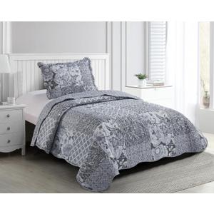 Brilliant Sunshine Grey Flowers Patchwork, 2-Piece Quilt Set with 1 Sham, Reversible Bedspread, Soft Lightweight Coverlet, All-Season, Twin, Grey