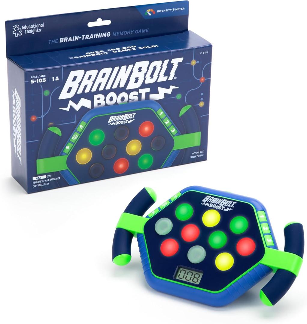 Educational Insights BrainBolt Boost - Memory Game with Light and Sound, Electronic Brain Games, Single Player Brain Teasers for Kids, Hand Held Games for Kids 4-8 (8 inches x 2 inches x 6.5 inches)
