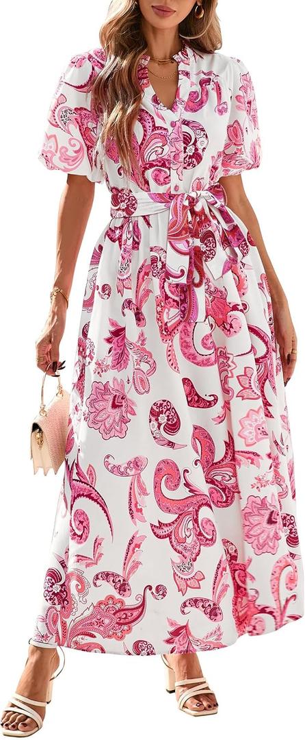KIRUNDO Women Spring Summer Wedding Guest Boho Floral Maxi Dress Puff Sleeve Button Shirt V Neck Flowy Beach Vacation Dress (White, M)