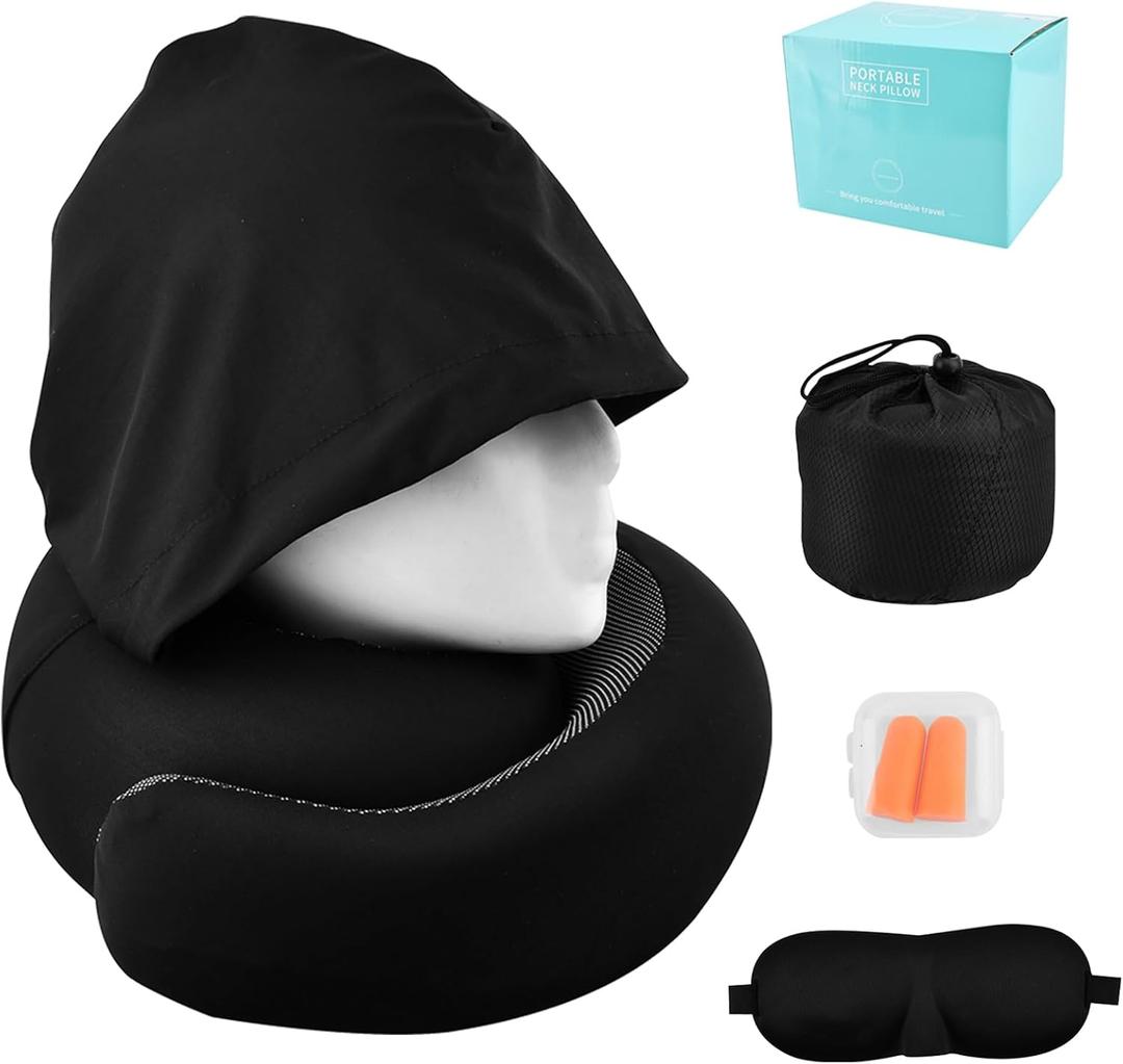 Travel Pillow with Hoodie,Hooded Neck Pillow for Travel,Travel Neck Pillows Stowable Hood,Pure Memory Foam Head Chin Support Airplane Pillows for Flight,Car,Office(Black,Size:15.2cm/6inch)