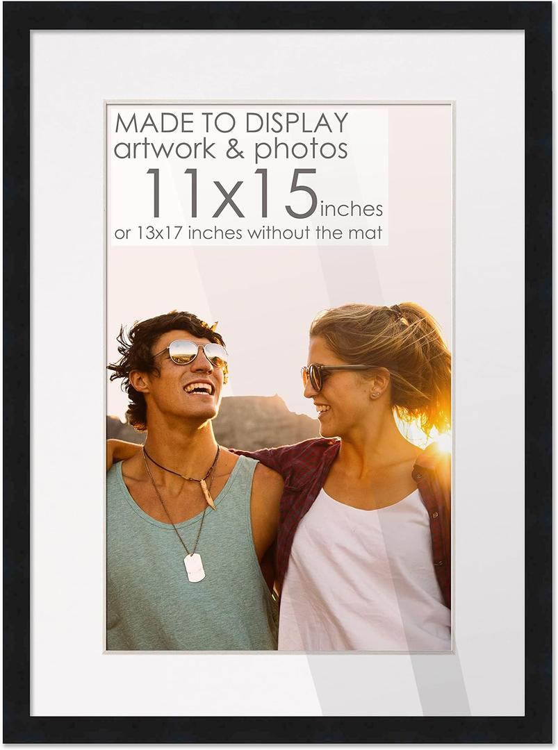 11x15 Black Wood Picture Frame with White Mat | 13x17 Frame Matted to 11x15 | Display Your Picture Under UV Acrylic Shatter Guard Front, with Foam Board Backing and Wall Hanging Hardware - Wood Frame