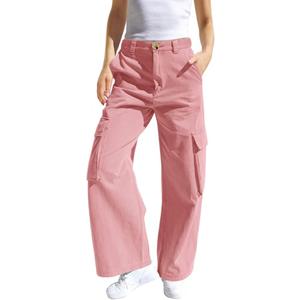 SySea Girls Cargo Pants Baggy Y2K Kids High Waist Sweatpants Flap Pockets Loose Fit Straight Wide Leg Casual Trousers (Pink, S)