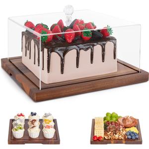 Acacia Wood Cake Stand with Lid-Cake Holder with Dome, 2-in-1 Dessert Table Display Set & Charcuterie Board with Lid,Square Cake Stand for Party,Fruit Tray,Cheese,Veggie,Large Cake Dome Cover