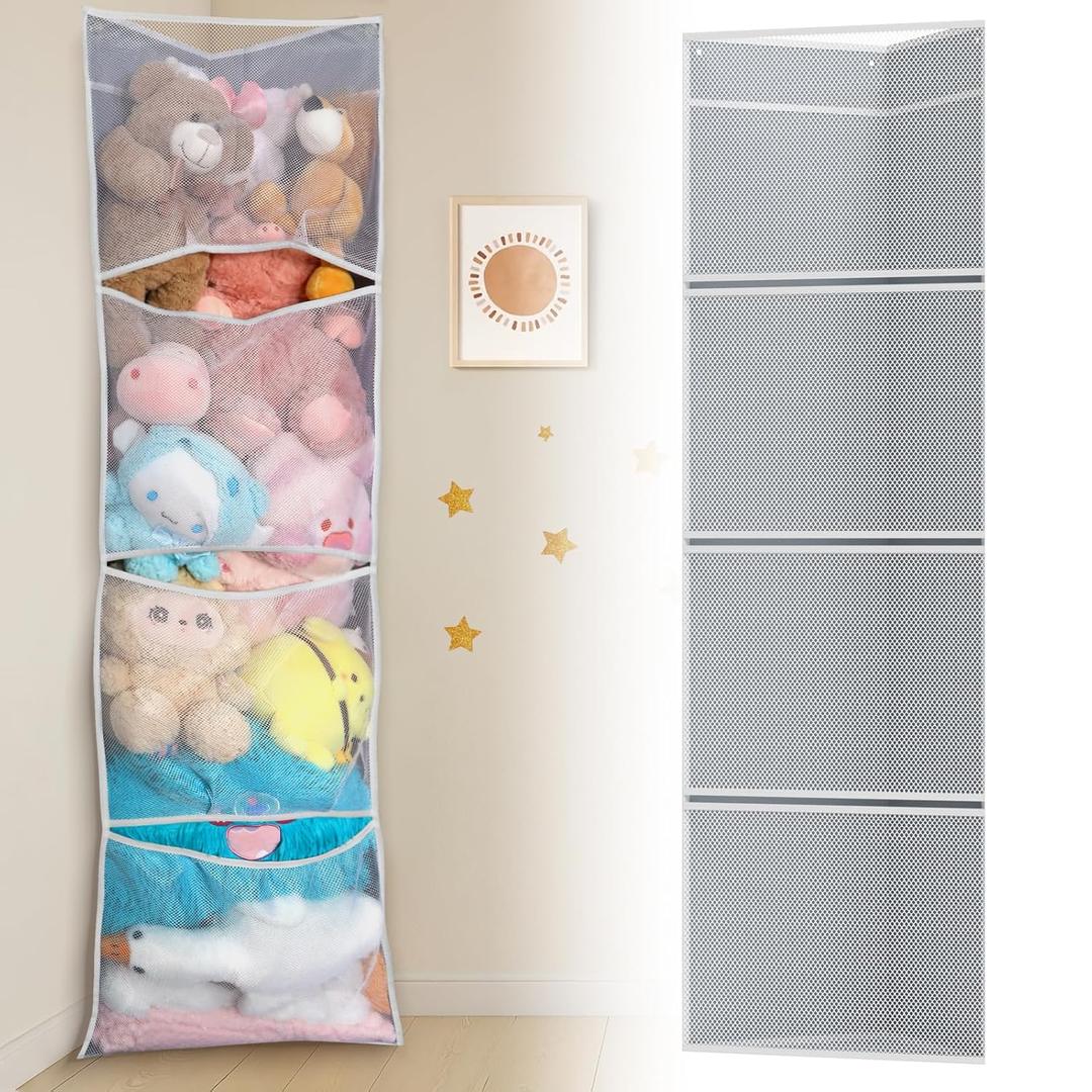 2 Pack Corner Stuffed Animal Toy Storage Hanging Organizer, Expandable Mesh Net Pockets, Stores Loads of Plush Toys - Large Plushie Display for Boys, Girls - Grey