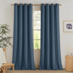 NICETOWN Semi Sheer Flax Linen Navy Blue Curtains 96 inches Long, Grommet Thick Linen Curtains Privacy Added with Light Filtering Window Treatments for Bedroom, W55 x L96, 2 Panels