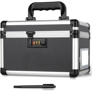 10.2 x 7 x 7.5 Inch Lockable Storage Box with Combination Lock, Portable Safe for Documents, Medicine, Cash & Valuables, Medicine Lock Box with Label Slot for Home, Office & Travel - Black