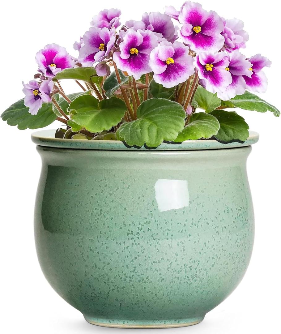 Ceramic Self Watering Pots, 6 Inch African Violet Pots with Absorbent Inner Pot, Round Self Watering Planter for Indoor Plants, Ceramic Pot for Plants, House Decor, Gifts for Women Men, Green