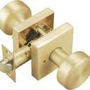 Satin Brass Door Knobs with Square Rosette, Interior Door Handles for Bath & Bed, Heavy Duty Door Knob with Lock (1)