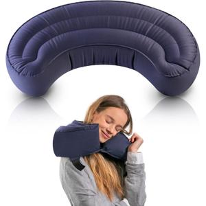 Air Bow Comfortable Travel Pillow - Airplane Pillow for Head, Neck, & Chin Rest, Inflatable & Soft Neck Pillow - Durable Material with Hygienic & Washable Cover, Easy to Inflate & Deflate (Blue)