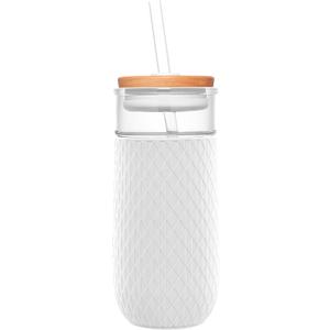 Ello Devon 18oz Glass Tumbler with Straw, Friction Fit Bamboo Wood Lid and Silicone Sleeve | Perfect for Iced Coffee, Tea, Matcha and Smoothies (White)