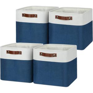 Temary Fabric Storage Cubes 11x11 Cube Storage Bins 4Pack Blue Storage Baskets for Organizing Home, Closet, Empty Gift Baskets with Handles (White&Blue) (111111)