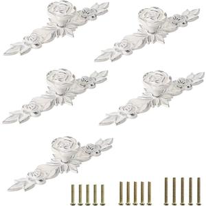 JUXYES Pack of 5 Euro Rose Decorative Cabinet Knobs with Plate, Floral Ivory Drawer Knob Cupboard Door Knobs, Ivory White Drawer Pulls Cabinet Handle Knobs for Dresser Cabinet (L, Ivory with Silver)