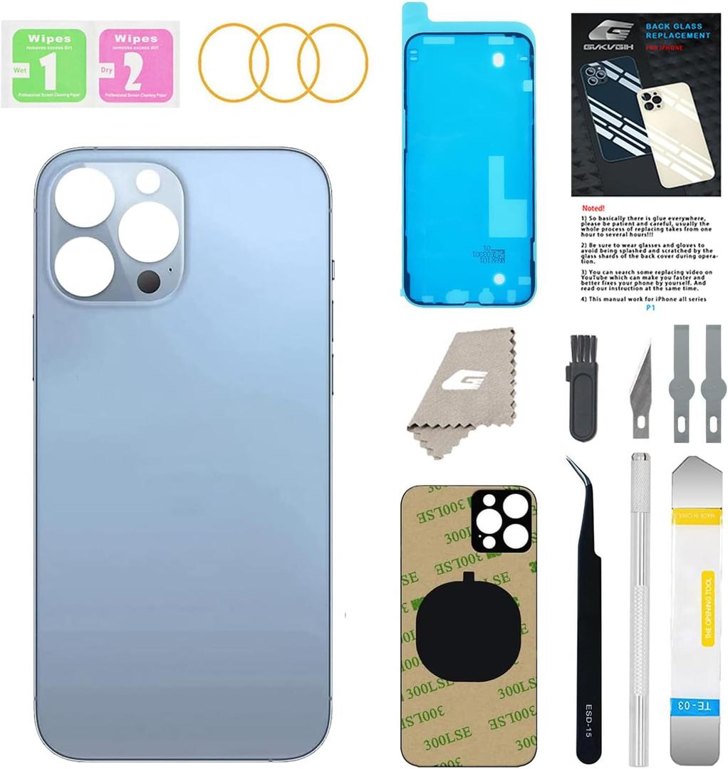 Back Glass Replacement for iPhone 13 Pro with Repir Tools, Big Hole Rear Back Cover Glass Replacement All Carriers with Pre-Installed Adhesive and Repairing Tool Kits (Sierra Blue)
