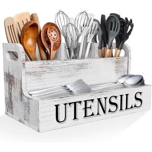 Suli Extra Large Kitchen Utensils Holder with 4 Compartments, White Wooden Utensil Organizer for Kitchen Countertop, Farmhouse Utensil Storage, Rustic Cooking Utensils - White Grain
