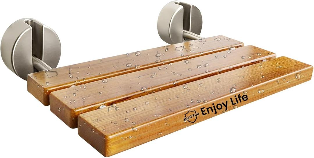 20 Inchs Teak Folding Shower Seat Wall Mounted, Fold Down Shower Seat for Inside Shower, Home Care Folding Shower Seat, Wall Mounted Shower Bench with 400 Lb. (Wood)