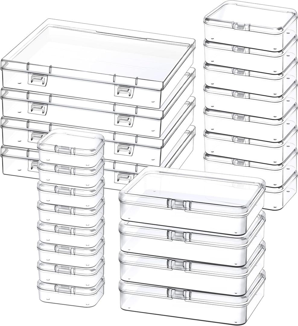 24 Pack Mixed Sizes Small Plastic Storage Containers, Mini Rectangular Small Items Organizer Boxes with Hinged Lids and Labels for Craft Jewelry Beads