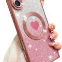 SAKUULO Case for iPhone 16 Plus 6.7 inch Cute Plating Clear Case [Compatible with Magsafe] Plating Heart Glitter Soft TPU Shockproof Camera Protection Bumper Cover for iPhone 16 Plus, Pink