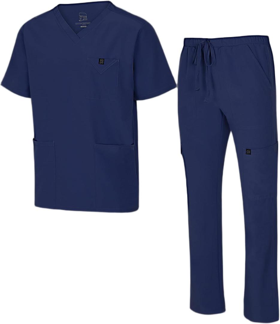 Natural Uniforms Mens Stretch Multi-Pocket Cargo Scrub Set (Small, True Navy Blue)